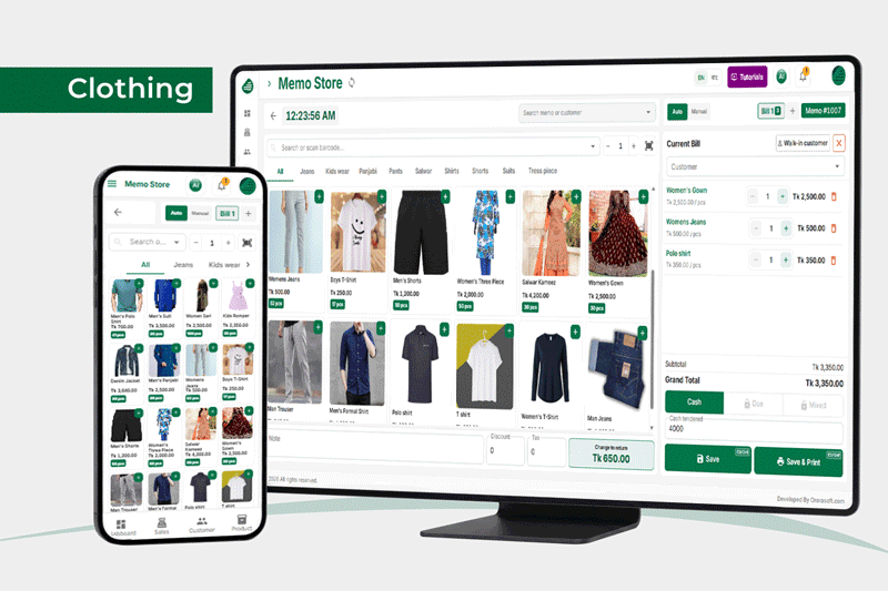 MemoApp clothing store POS with apparel products, categories, current bill, and mobile checkout.