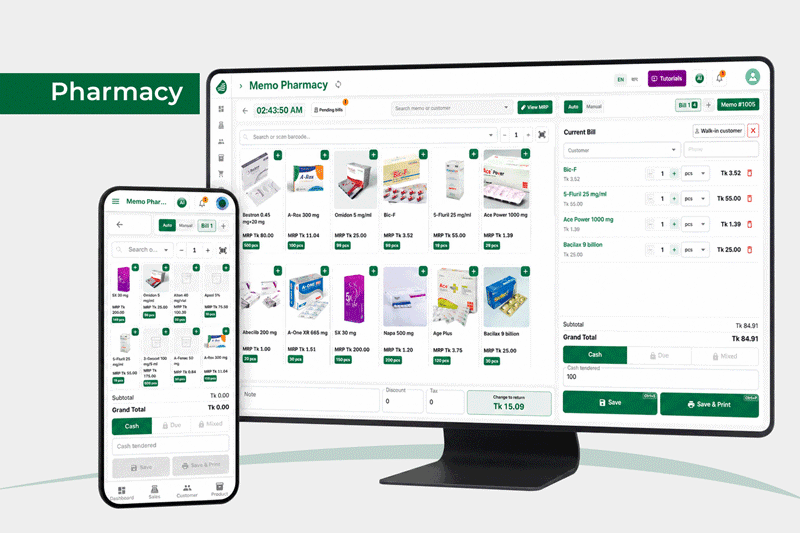MemoApp pharmacy POS showing medicine cards, MRP, stock, and payment options on desktop and mobile.