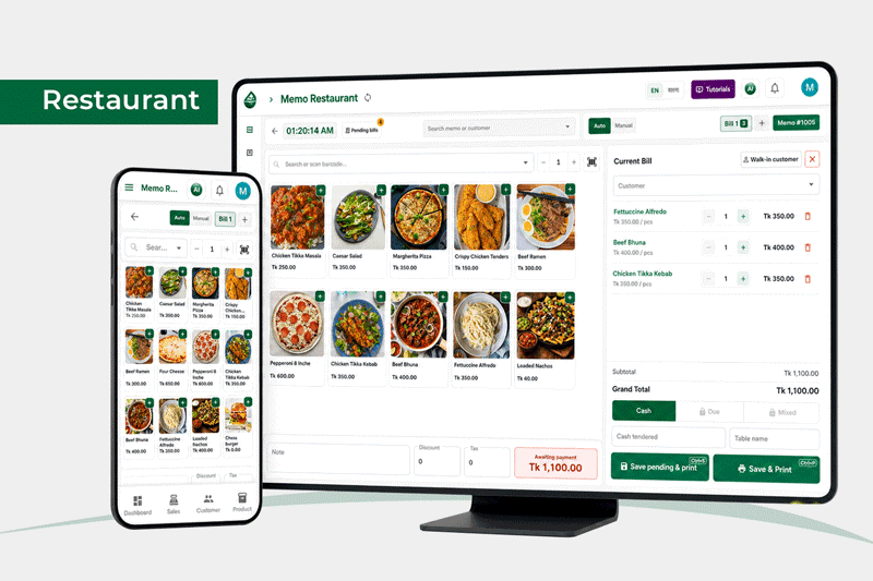 MemoApp restaurant POS with menu items, multi-bill tabs, and table checkout on desktop and mobile.